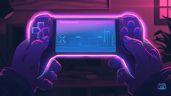Handheld-Konsole mit leuchtendem OLED-Display in zwei Händen, gemütliches Wohnzimmer im Hintergrund